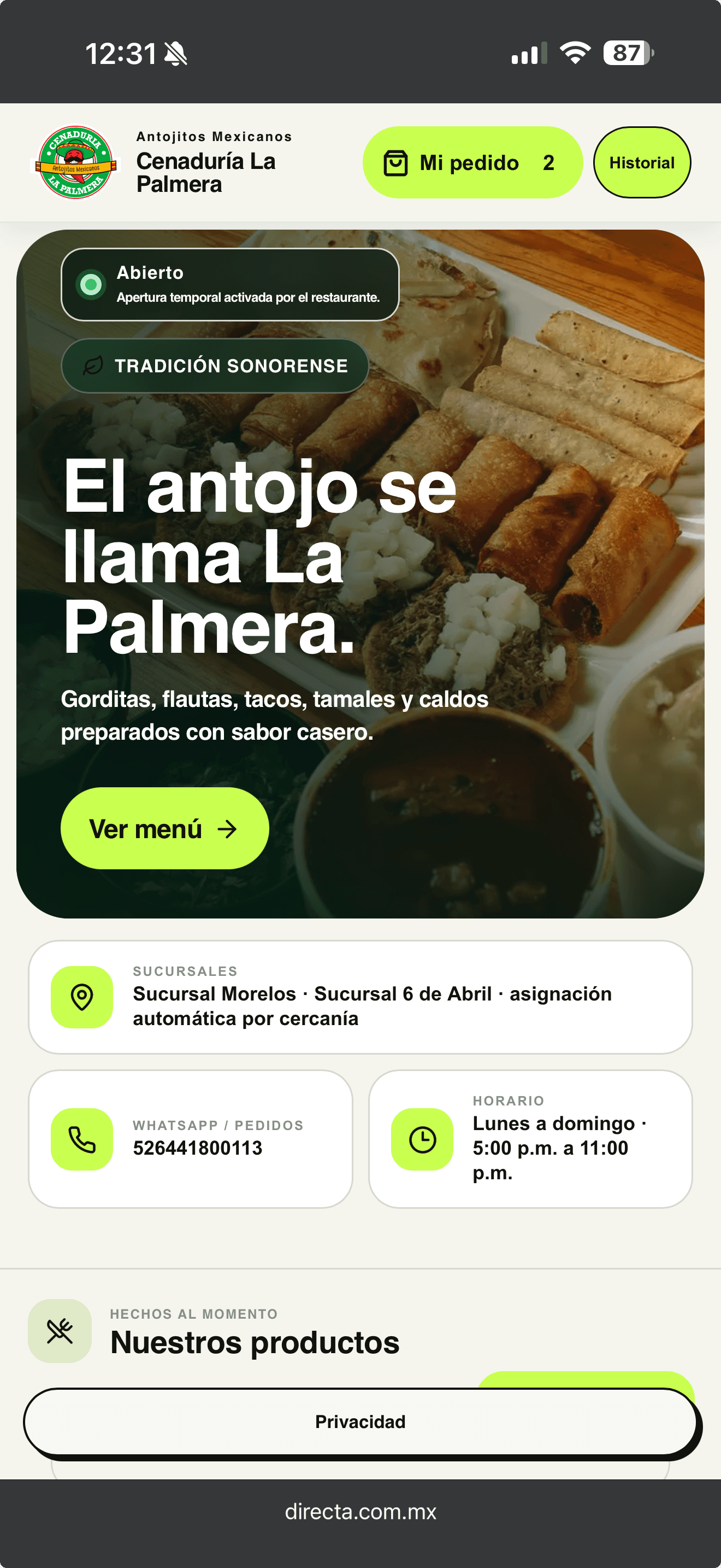 Canal digital de Cenaduría La Palmera operado con Directa